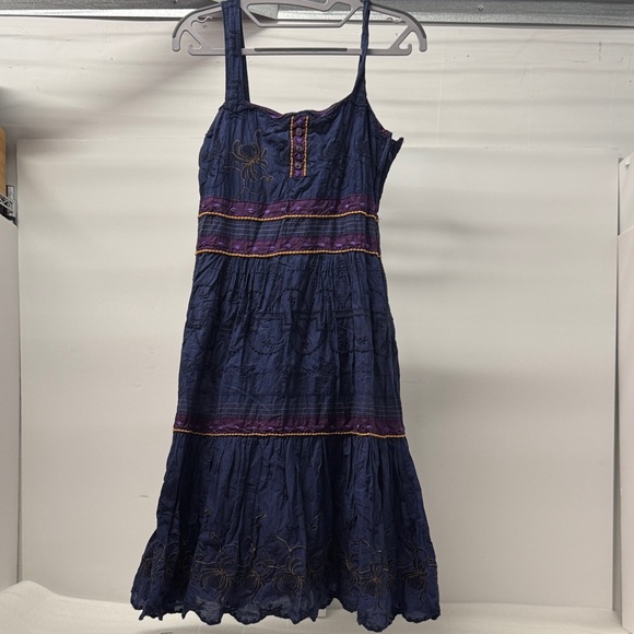 viola Dresses & Skirts - Viola Embroidered 100% Cotton Navy with gold & purple Sleeveless Dress size 2